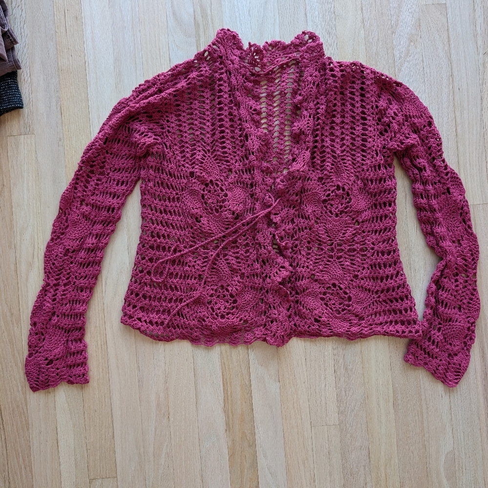 Cranberry Crochet Open Front With Ties Women's Sweater (Size small?)